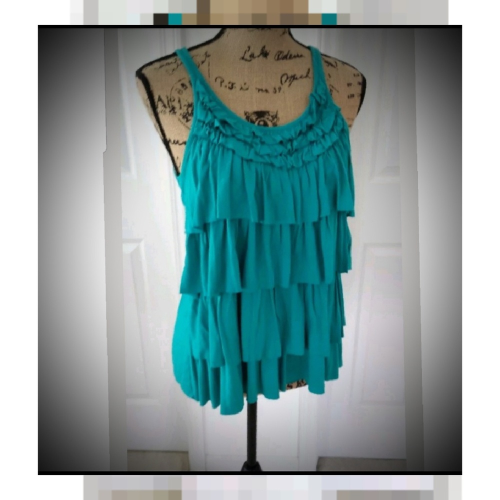 Cascading ruffle tank top blouse teal cruise vaca